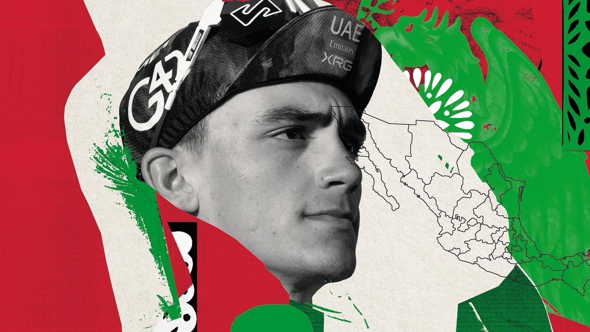 Illustration of Isaac del Toro in a UAE Team Emirates-XRG cap, set against the green, white and red of the Mexican flag