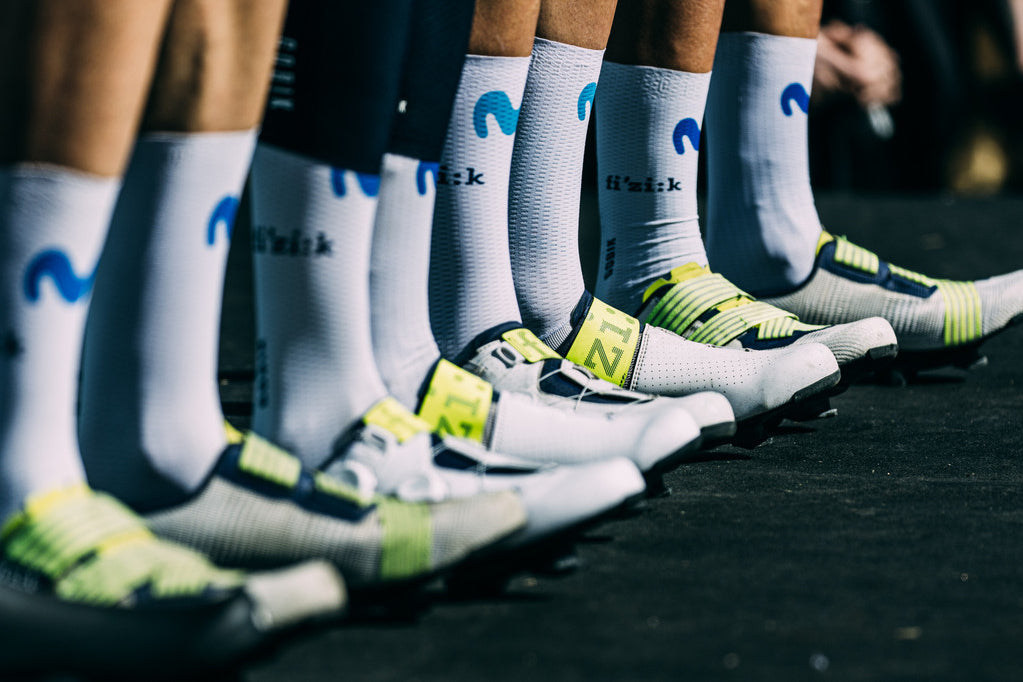 Movistar riders' Fizik shoes at a presentation